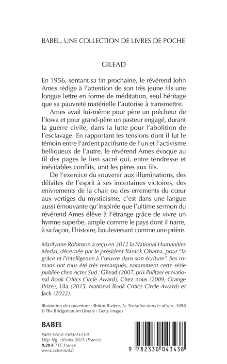 GILEAD BABEL 1296 - Marilynne Robinson - ACTES SUD