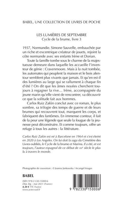 LES LUMIERES DE SEPTEMBRE - CYCLE DE LA BRUME, LIVRE 3 - Carlos Ruiz Zafón - ACTES SUD