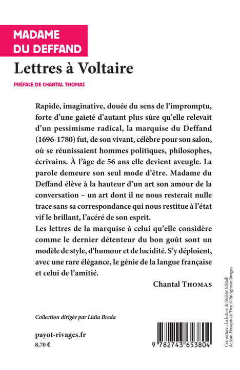 LETTRES A VOLTAIRE - Madame du Deffand - RIVAGES