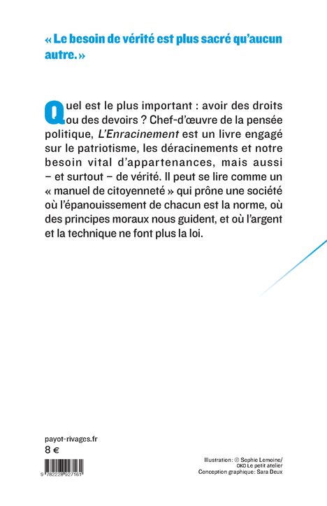 L-ENRACINEMENT - PRELUDE A UNE DECLARATION DES DEVOIRS ENVERS L-ETRE HUMAIN - Simone Weil - PAYOT