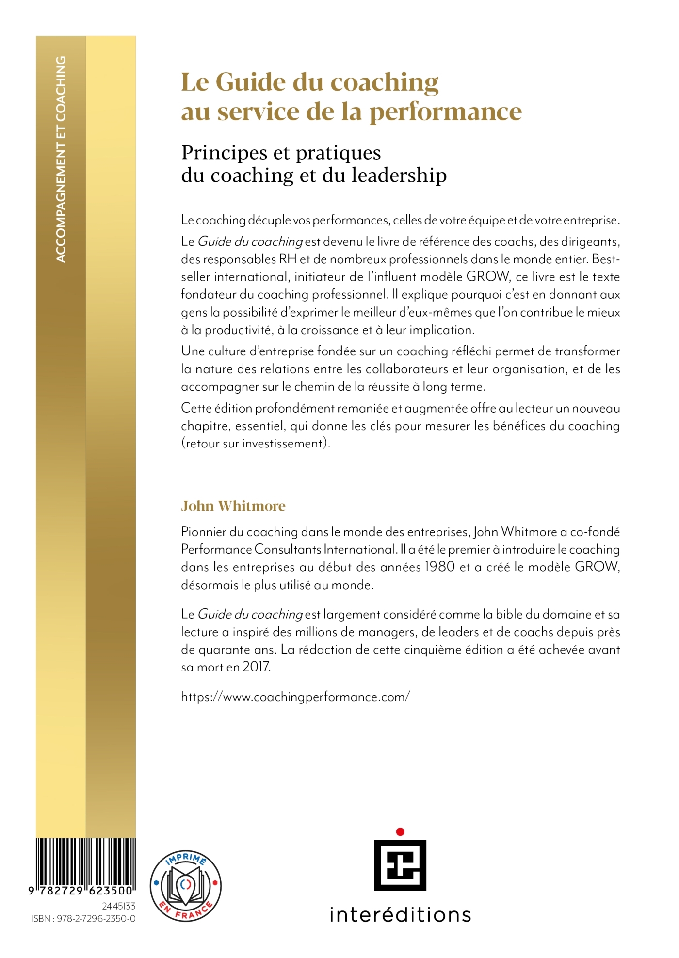 LE GUIDE DU COACHING AU SERVICE DE LA PERFORMANCE - 5E ED. - John Whitmore - INTEREDITIONS