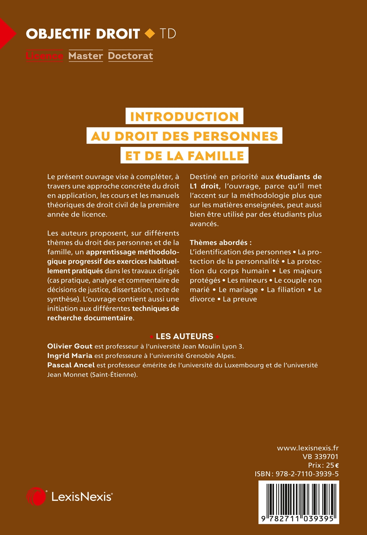 INTRODUCTION AU DROIT DES PERSONNES ET DE LA FAMILLE - TRAVAUX DIRIGES - Olivier Gout - LEXISNEXIS