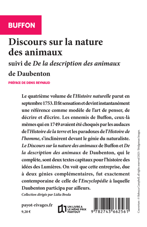 Discours sur la nature des animaux -  Buffon - RIVAGES