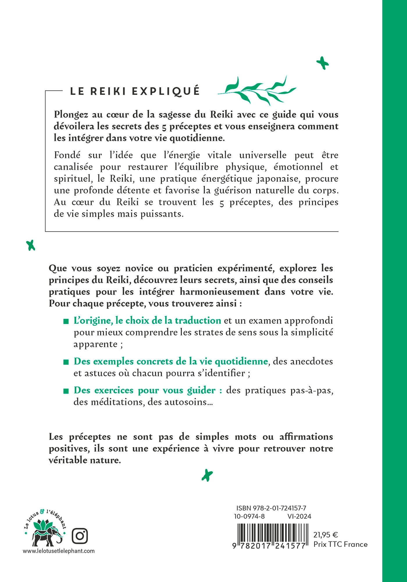 LE REIKI EXPLIQUE - TOUT COMPRENDRE DES 5 PRECEPTES ET DE LEURS ENSEIGNEMENTS AU QUOTIDIEN - Christelle Rosset - LOTUS ELEPHANT