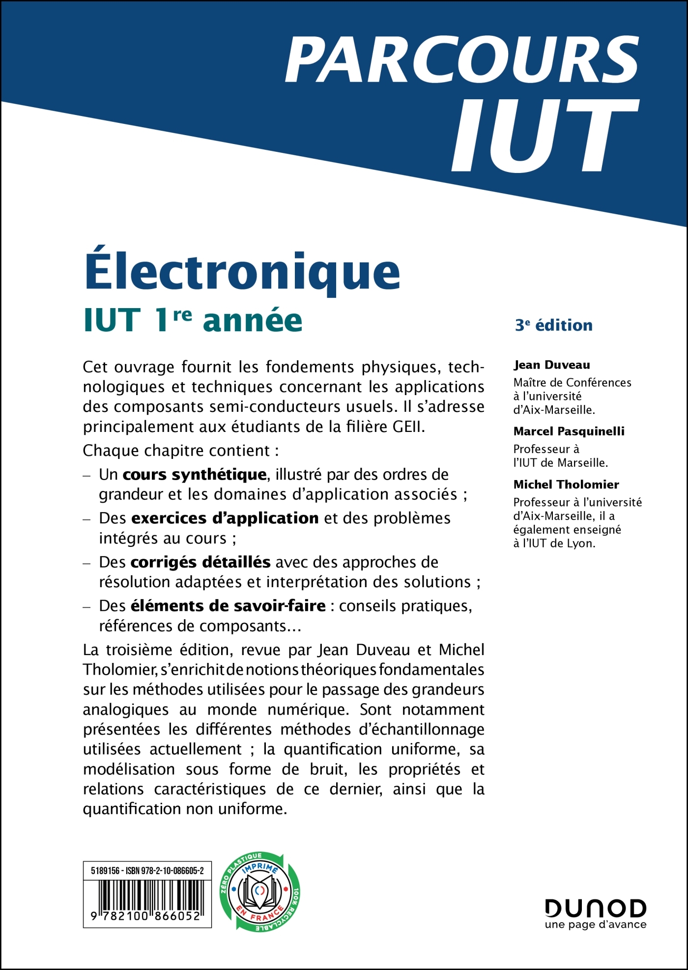 ELECTRONIQUE - 3E ED - IUT 1RE ANNEE GEII - Jean Duveau - DUNOD