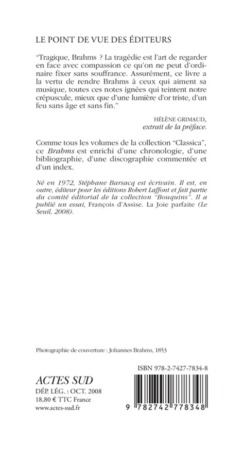 JOHANNES BRAHMS - Stéphane Barsacq - ACTES SUD