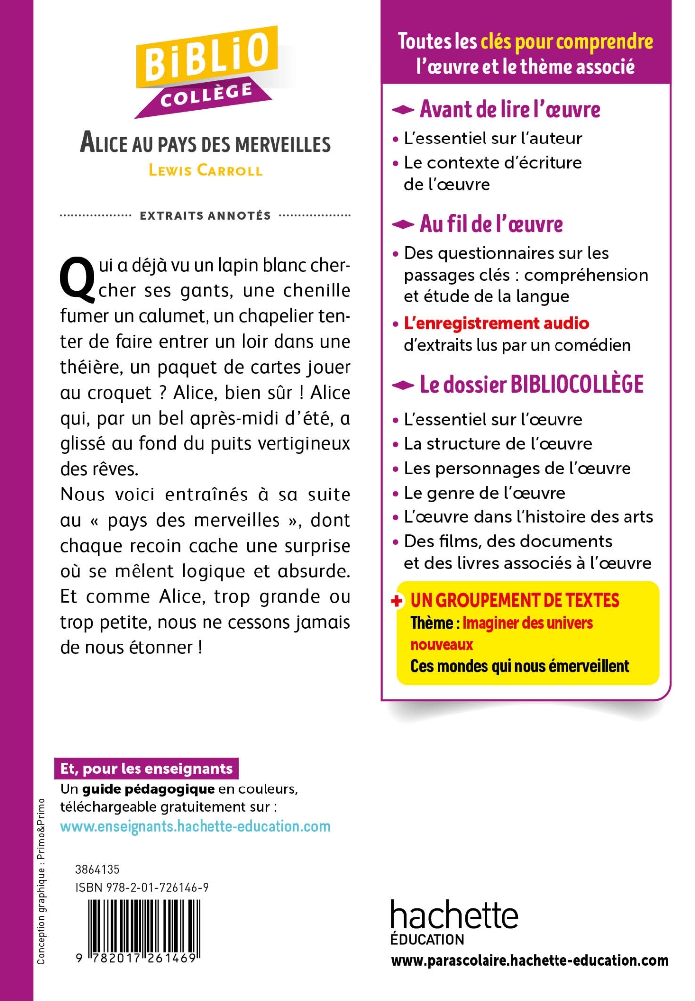 BIBLIOCOLLEGE ALICE AU PAYS DES MERVEILLES - Lewis Carroll - HACHETTE EDUC