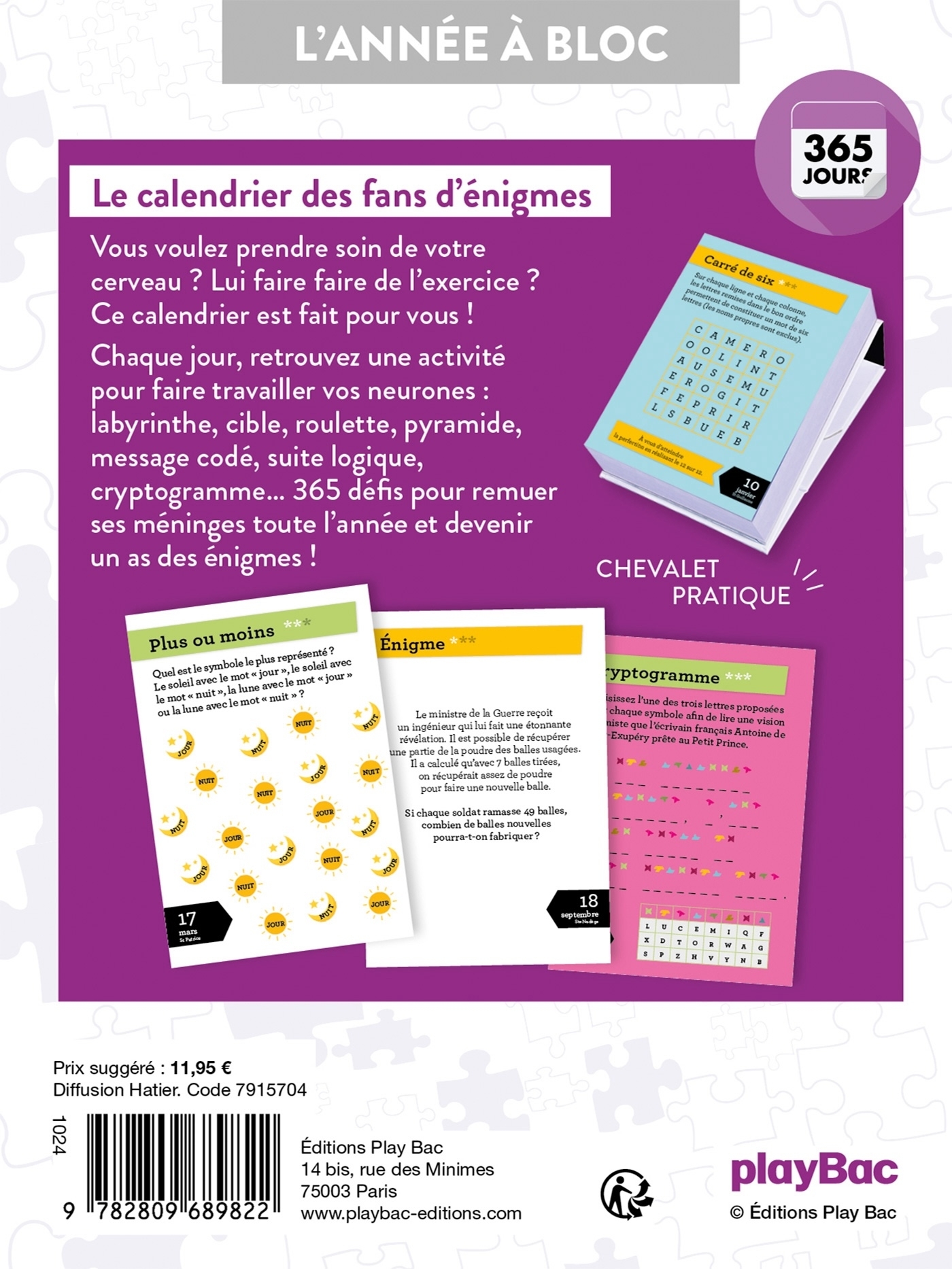 Calendrier Jeux de Logique en 365 jours - L'ANNÉE À BLOC  -   - PLAY BAC