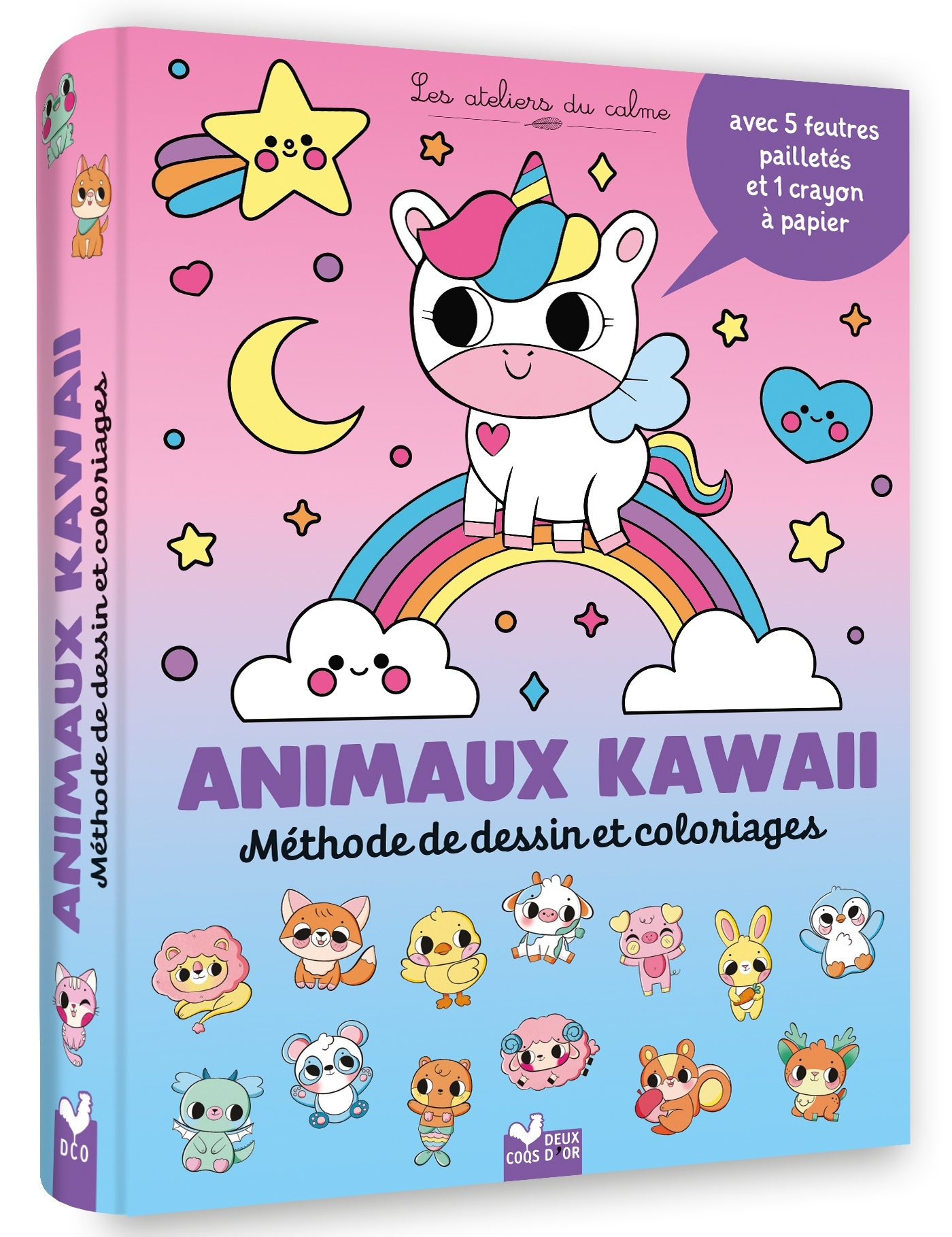 Animaux kawaii - Méthode de dessin et coloriages - pochette 5 feutres pailletés et 1 crayon à papier - Luli Bunny - DEUX COQS D OR