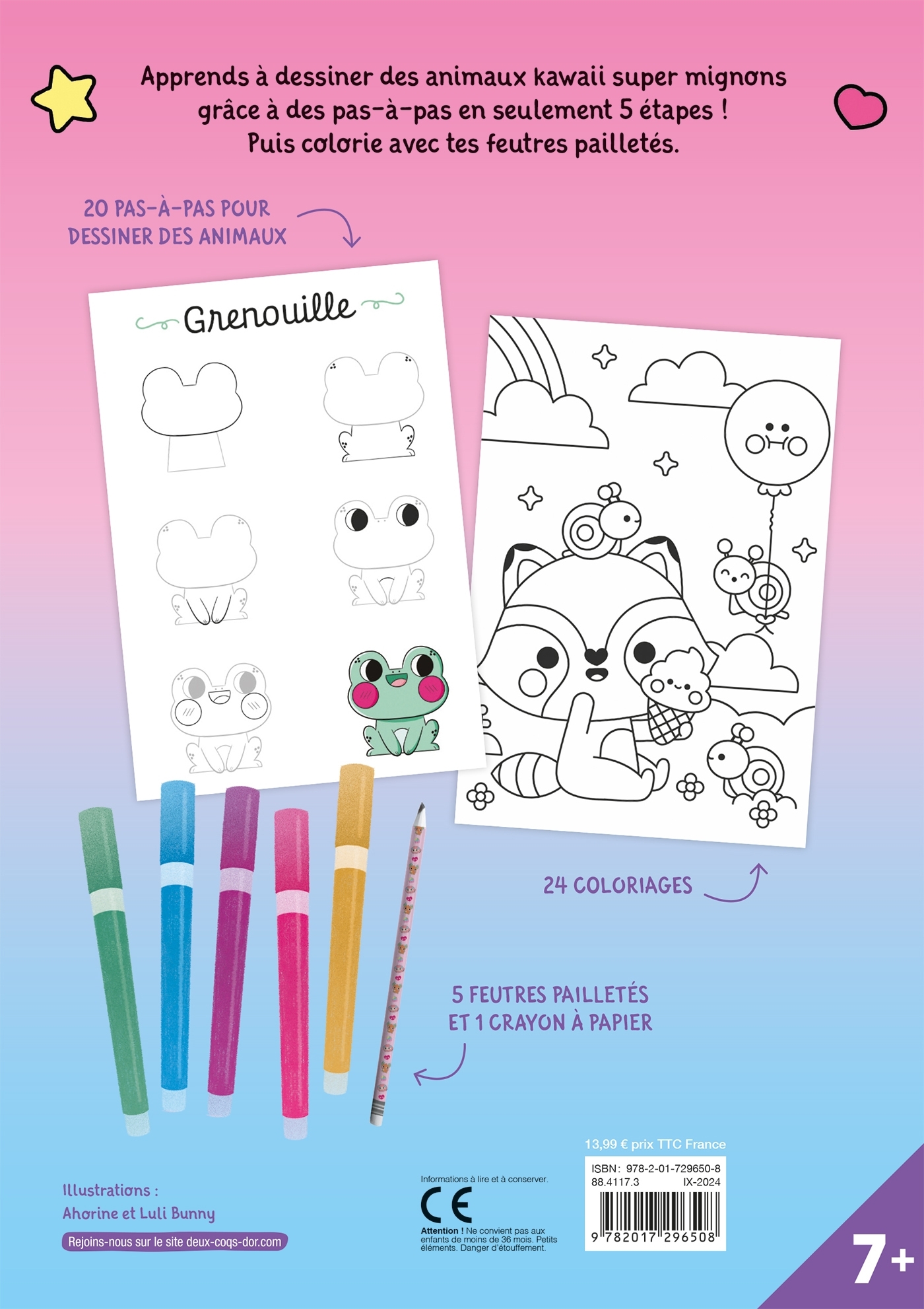 Animaux kawaii - Méthode de dessin et coloriages - pochette 5 feutres pailletés et 1 crayon à papier - Luli Bunny - DEUX COQS D OR