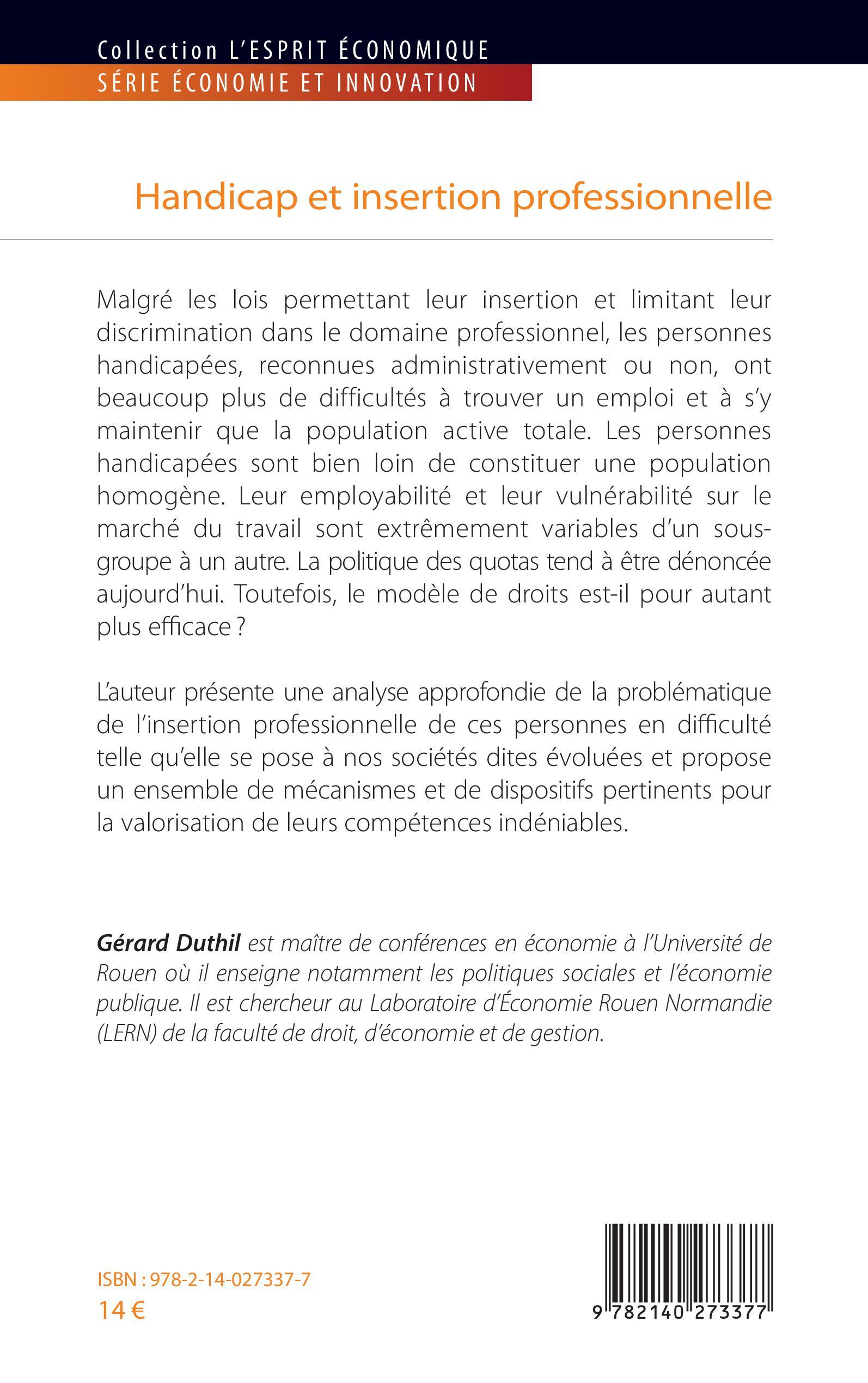 Handicap et insertion professionnelle - Gérard Duthil - L'HARMATTAN