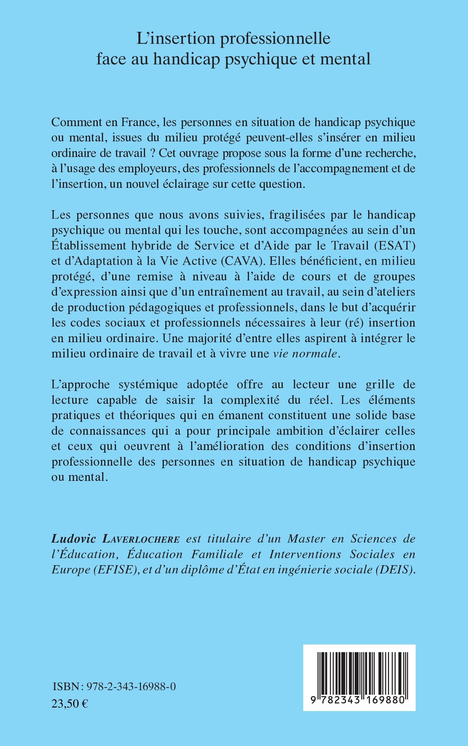 L'insertion professionnelle face au handicap psychique et mental - Ludovic Laverlochère - L'HARMATTAN