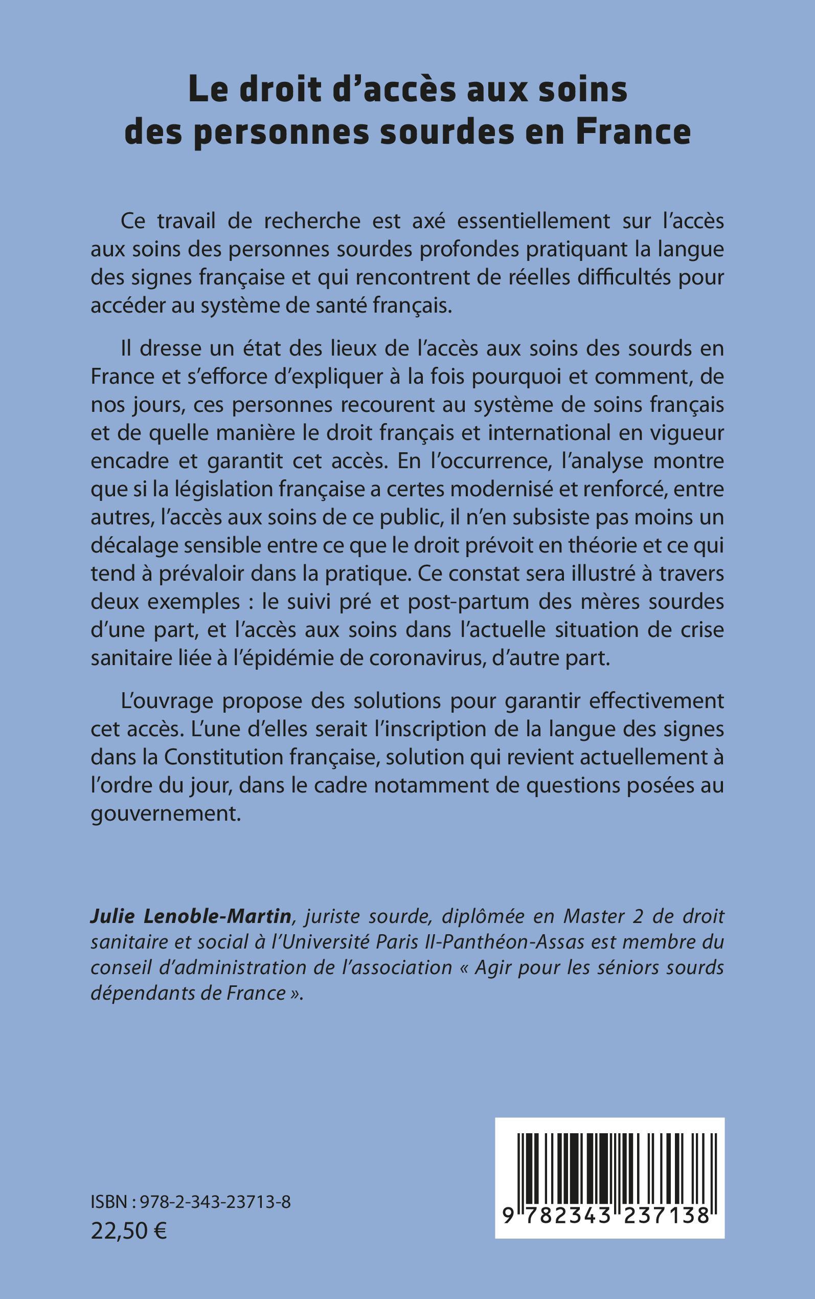 Le droit d'accès aux soins des personnes sourdes en France - Julie Lenoble-Martin - L'HARMATTAN