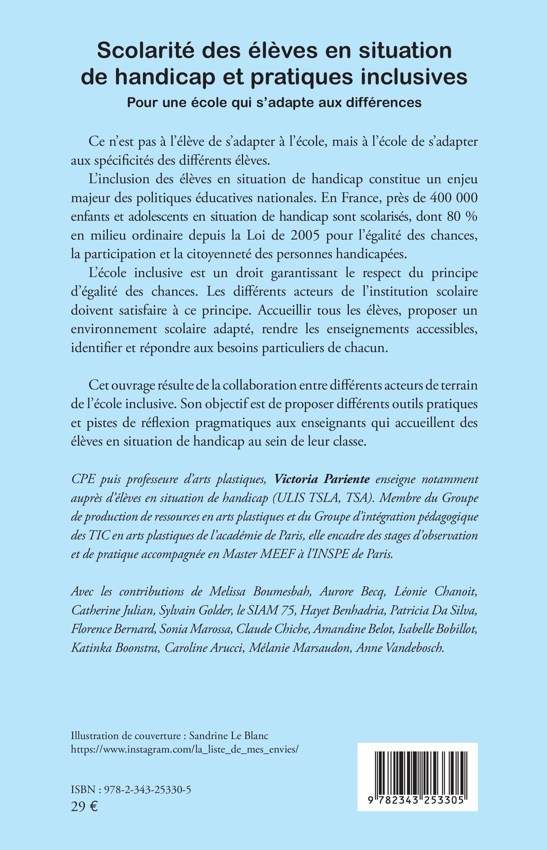 Scolarité des élèves en situation de handicap et pratiques inclusives - Victoria Pariente - L'HARMATTAN