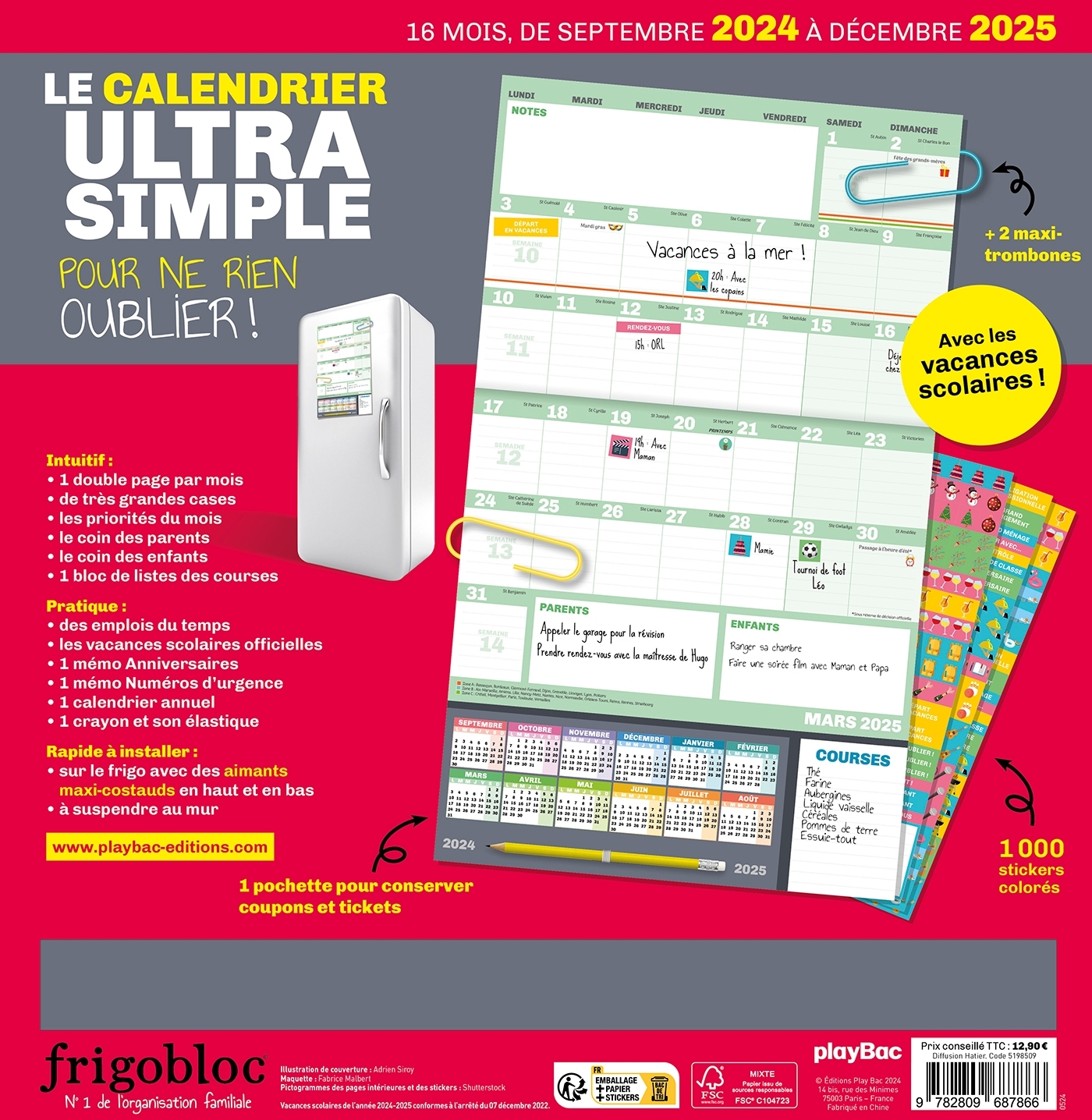 Frigobloc Le calendrier Ultra Simple pour une famille organisée ! (de sept. 2024 à déc. 2025) -   - PLAY BAC